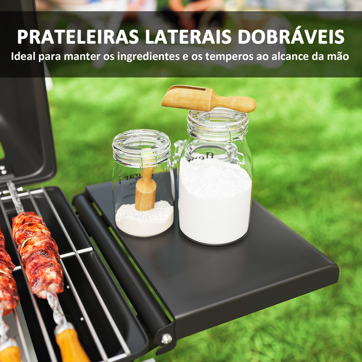 Barbecue a Gás com 2 Queimadores em Aço Inoxidável 3 KW Barbecue Portátil Dobrável com Mesas Laterais Bandeja Removível Termómetro e 2 Rodas para Piquenique Campismo 101x50x102 cm Preto