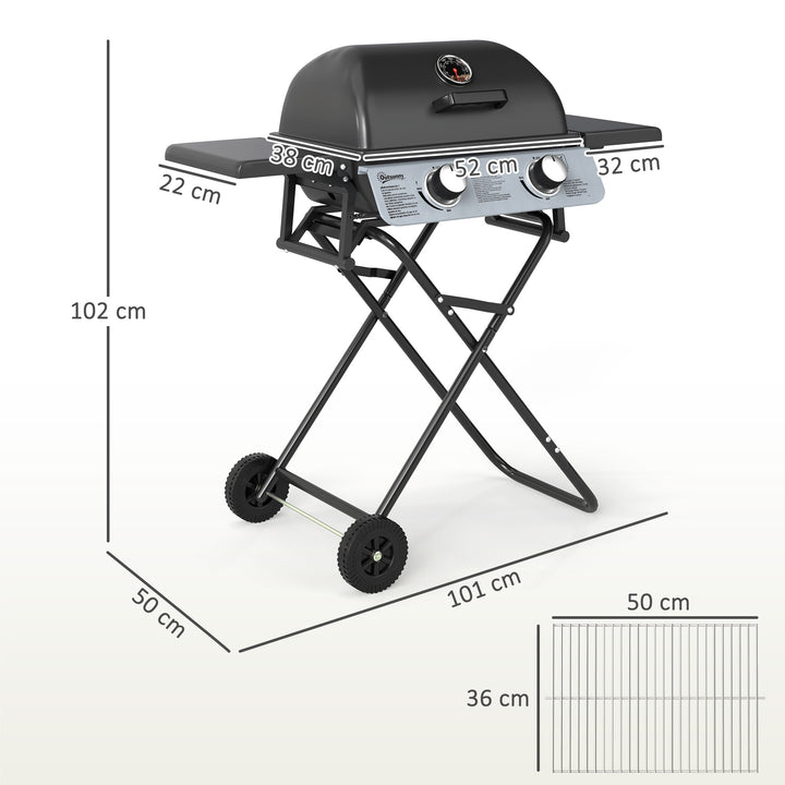 Barbecue a Gás com 2 Queimadores em Aço Inoxidável 3 KW Barbecue Portátil Dobrável com Mesas Laterais Bandeja Removível Termómetro e 2 Rodas para Piquenique Campismo 101x50x102 cm Preto