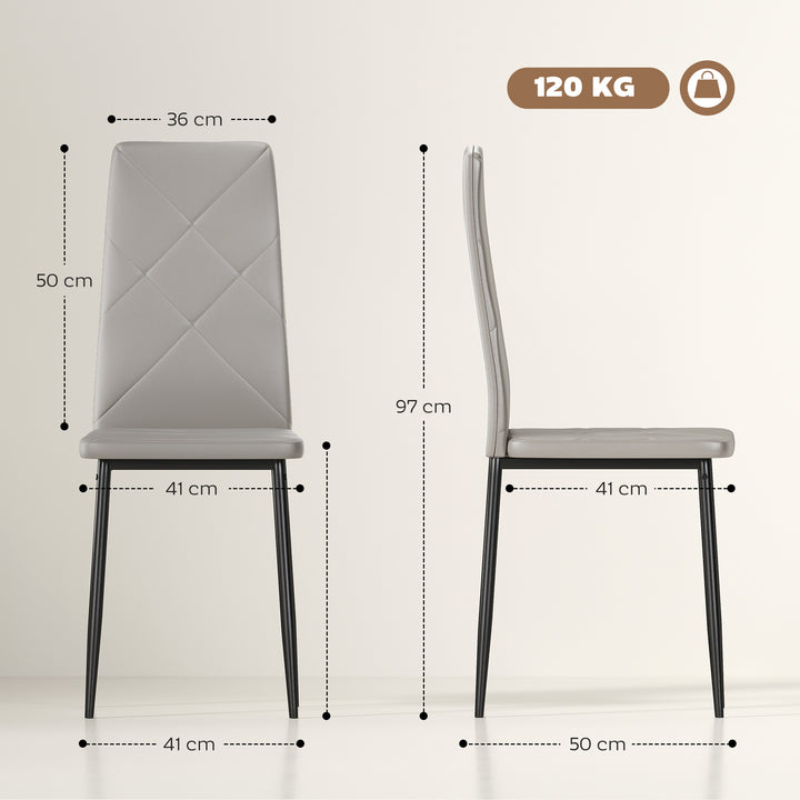 Conjunto de 4 Cadeiras de Sala de Jantar Estofadas em Couro Sintético Cadeiras de Cozinha com Encosto Alto e Pés de Aço Carga Máxima 120kg 41x50x97 cm Cinza