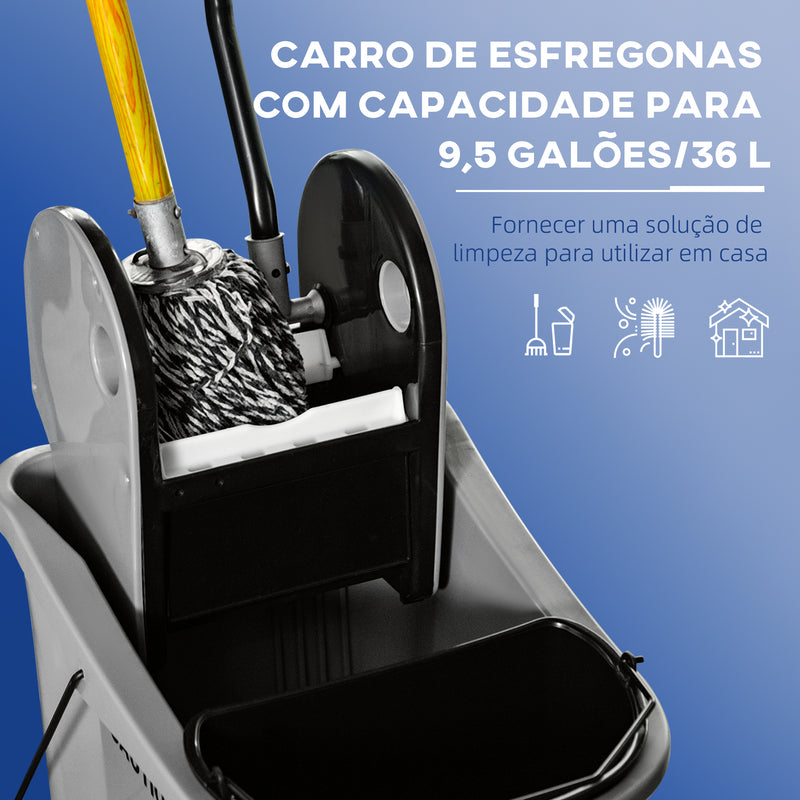 Balde de Esfregona Comercial Balde de Esfregona com Espremedor de Pressão para Baixo Capacidade 36L com 4 Rodas Silenciosas 2 Cubetas Separadas 54x41x91,5 cm Cinza