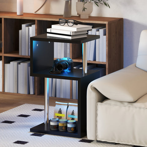Mesa Auxiliar com Luz LED de 3 Níveis Mesa Auxiliar Moderna com Forma de S Prateleiras Abertas e Estrutura em Alumínio para Sala Quarto 44x38x75 cm Preto Brilhante