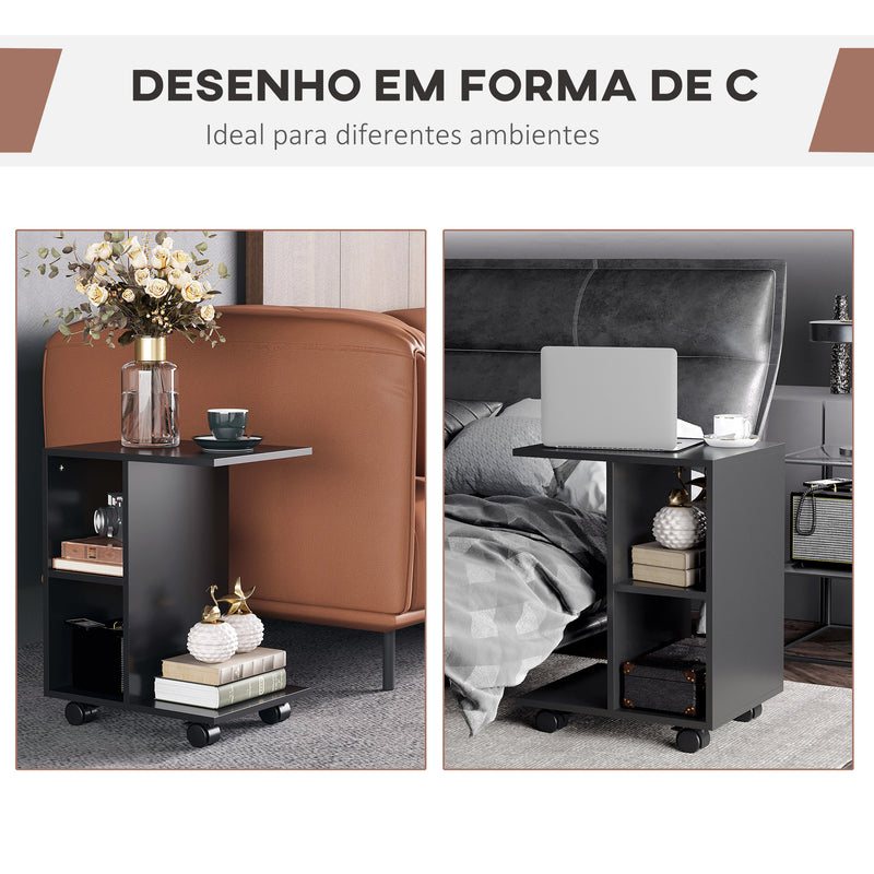 Mesa Auxiliar Moderna Mesa Auxiliar em Forma de C com Rodas e Prateleiras Abertas para Sala de Estar Dormitório 45x35x58 cm Preto