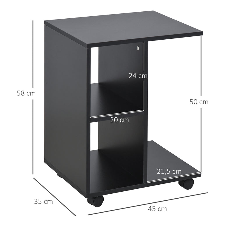 Mesa Auxiliar Moderna Mesa Auxiliar em Forma de C com Rodas e Prateleiras Abertas para Sala de Estar Dormitório 45x35x58 cm Preto