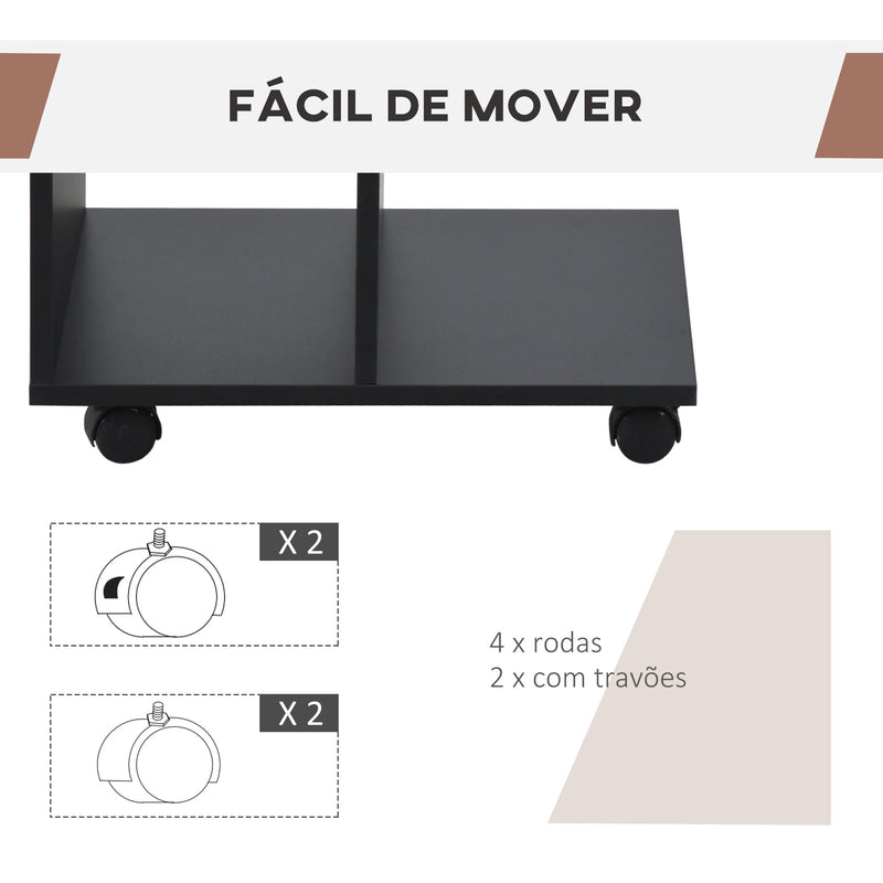 Mesa Auxiliar Moderna Mesa Auxiliar em Forma de C com Rodas e Prateleiras Abertas para Sala de Estar Dormitório 45x35x58 cm Preto