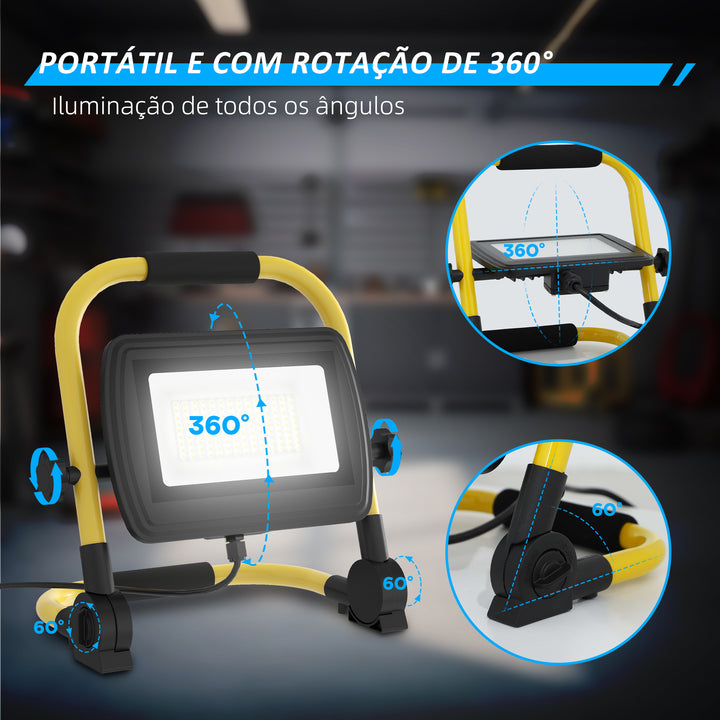 Preojetor LED Recarregável com Cabeças e Suporte Ajustáveis 50W 4250 Lúmenes IP65 6500K Reflector LED Resistente à Intemperie Portátil com Pega para Interior e Exterior Amarelo e Preto