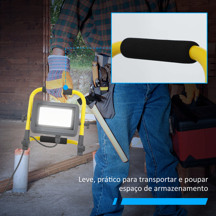 Preojetor LED Recarregável com Cabeças e Suporte Ajustáveis 50W 4250 Lúmenes IP65 6500K Reflector LED Resistente à Intemperie Portátil com Pega para Interior e Exterior Amarelo e Preto
