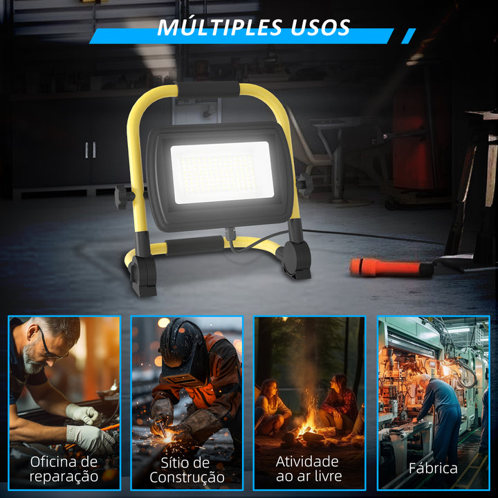 Preojetor LED Recarregável com Cabeças e Suporte Ajustáveis 50W 4250 Lúmenes IP65 6500K Reflector LED Resistente à Intemperie Portátil com Pega para Interior e Exterior Amarelo e Preto