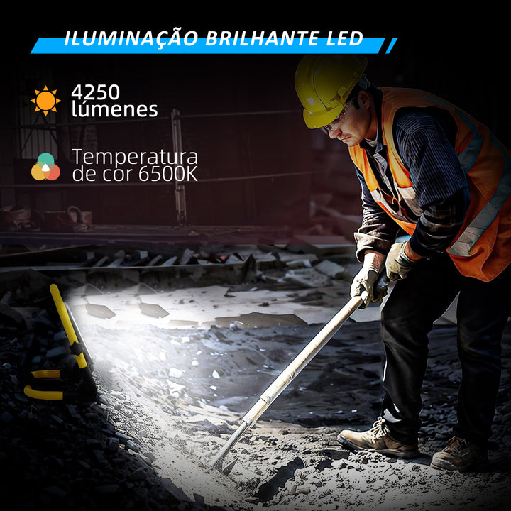 Preojetor LED Recarregável com Cabeças e Suporte Ajustáveis 50W 4250 Lúmenes IP65 6500K Reflector LED Resistente à Intemperie Portátil com Pega para Interior e Exterior Amarelo e Preto