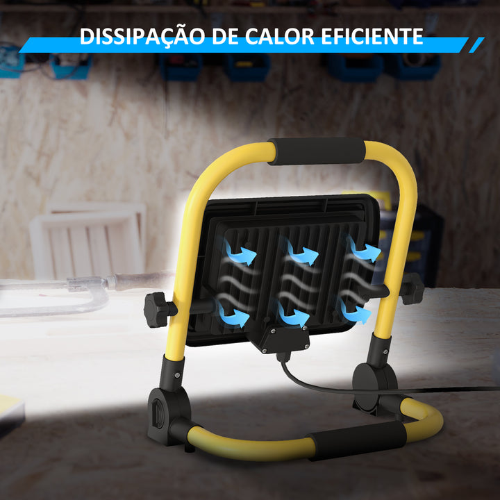 Preojetor LED Recarregável com Cabeças e Suporte Ajustáveis 50W 4250 Lúmenes IP65 6500K Reflector LED Resistente à Intemperie Portátil com Pega para Interior e Exterior Amarelo e Preto