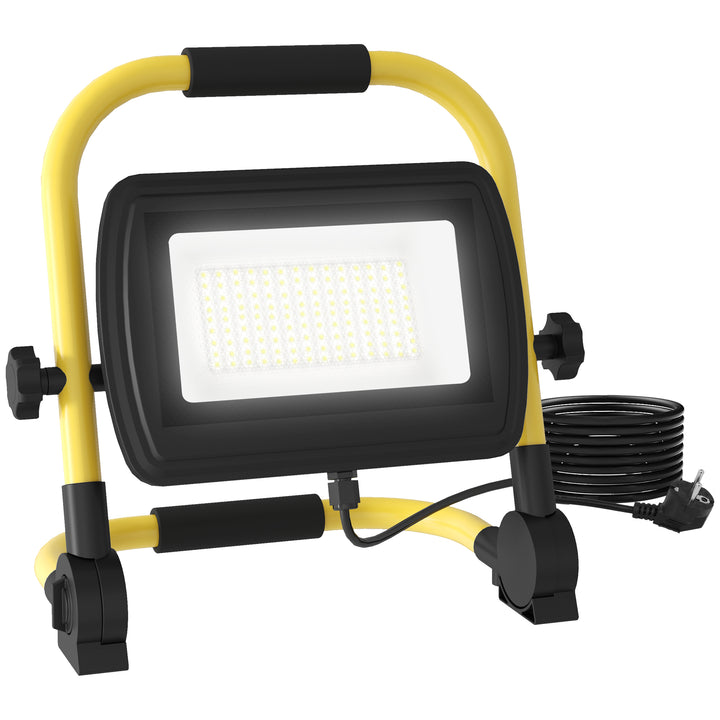 Preojetor LED Recarregável com Cabeças e Suporte Ajustáveis 50W 4250 Lúmenes IP65 6500K Reflector LED Resistente à Intemperie Portátil com Pega para Interior e Exterior Amarelo e Preto