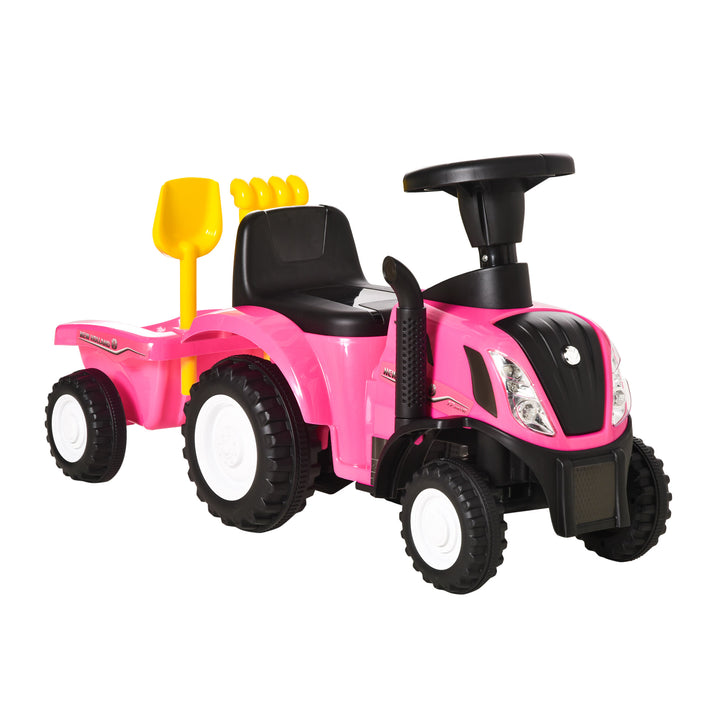 Trator para Crianças de 12-36 Meses com Reboque Removível Carro Andador com Buzina Farol Pá e Ancinho Carga 25kg 91x29x44cm Rosa