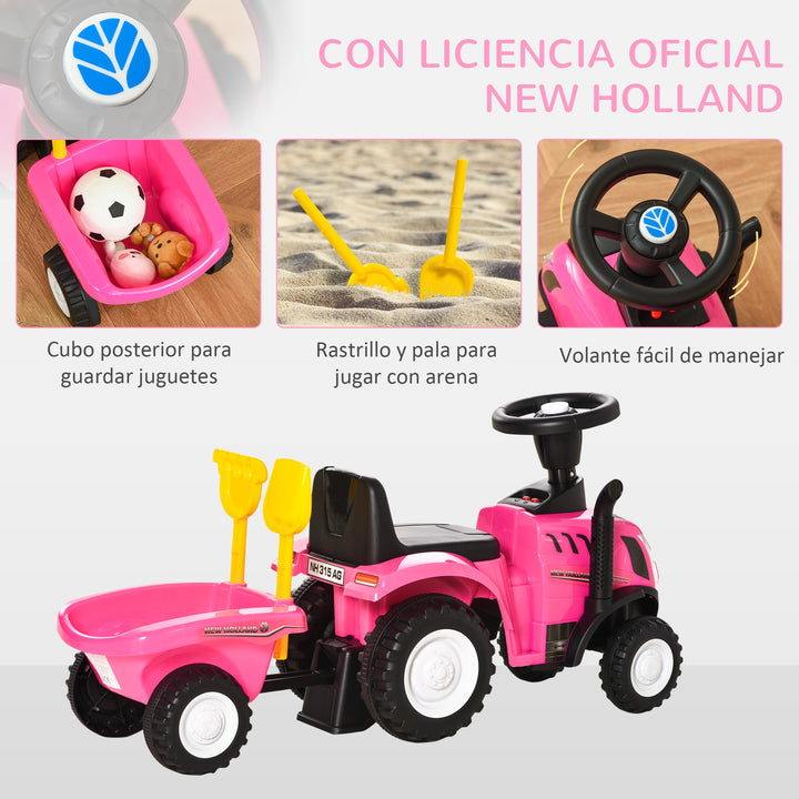 Trator para Crianças de 12-36 Meses com Reboque Removível Carro Andador com Buzina Farol Pá e Ancinho Carga 25kg 91x29x44cm Rosa