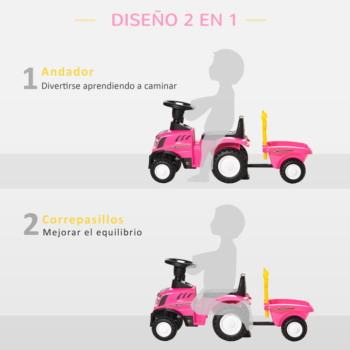 Trator para Crianças de 12-36 Meses com Reboque Removível Carro Andador com Buzina Farol Pá e Ancinho Carga 25kg 91x29x44cm Rosa