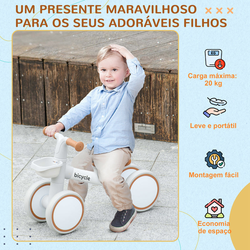 Bicicleta sem Pedais para Crianças de 12-36 Meses Bicicleta de Equilíbrio com Assento Ajustável Cesta e 4 Rodas Silenciosas Carga 20 kg 56x27x39 cm Marrom