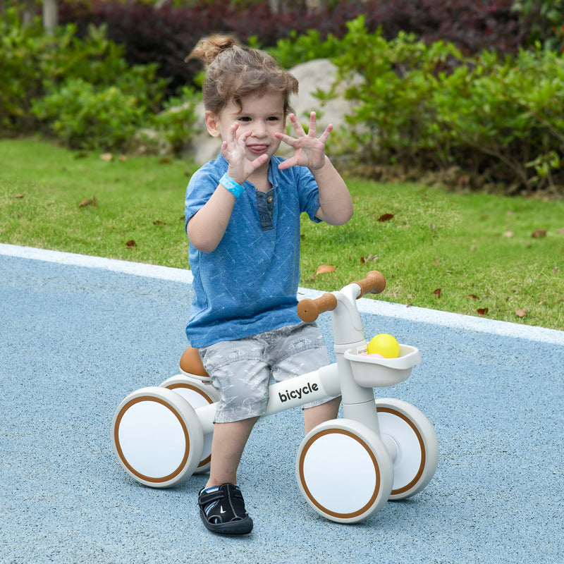 Bicicleta sem Pedais para Crianças de 12-36 Meses Bicicleta de Equilíbrio com Assento Ajustável Cesta e 4 Rodas Silenciosas Carga 20 kg 56x27x39 cm Marrom