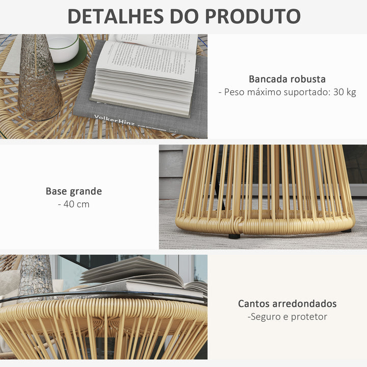 Mesa Auxiliar de Vime Sintético Mesa de Centro Redonda com Bancada de Vidro Temperado e Estrutura de Metal Carga Máxima 30 kg para Pátio Jardim Varanda Ø40x42 cm Bege