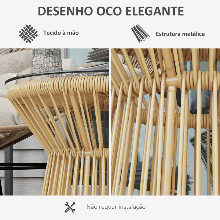 Mesa Auxiliar de Vime Sintético Mesa de Centro Redonda com Bancada de Vidro Temperado e Estrutura de Metal Carga Máxima 30 kg para Pátio Jardim Varanda Ø40x42 cm Bege