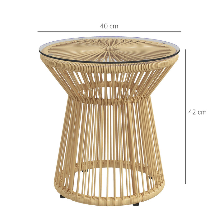 Mesa Auxiliar de Vime Sintético Mesa de Centro Redonda com Bancada de Vidro Temperado e Estrutura de Metal Carga Máxima 30 kg para Pátio Jardim Varanda Ø40x42 cm Bege