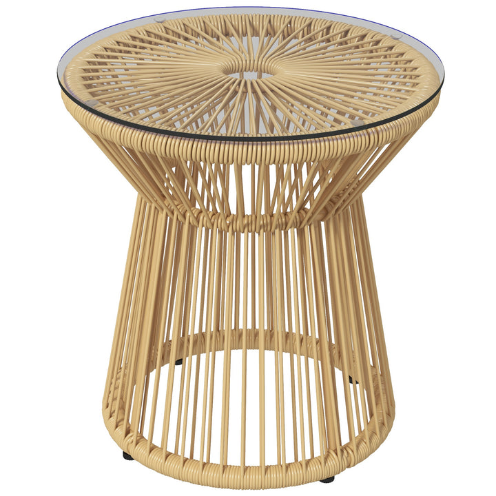 Mesa Auxiliar de Vime Sintético Mesa de Centro Redonda com Bancada de Vidro Temperado e Estrutura de Metal Carga Máxima 30 kg para Pátio Jardim Varanda Ø40x42 cm Bege