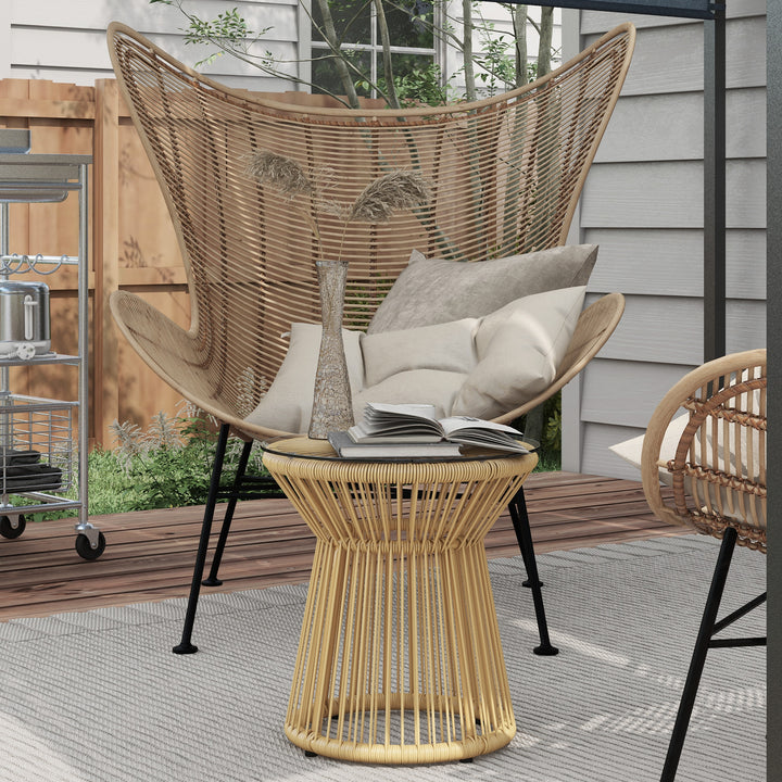 Mesa Auxiliar de Vime Sintético Mesa de Centro Redonda com Bancada de Vidro Temperado e Estrutura de Metal Carga Máxima 30 kg para Pátio Jardim Varanda Ø40x42 cm Bege