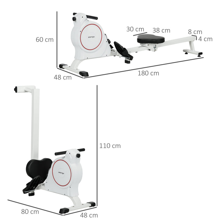 Máquina de Remo Magnético Máquina de Remo Dobrável com Resistência de 8 Níveis Ecrã LCD e 2 Rodas de Transporte para Ginásio Carga Máxima 130 kg 180x48x60 cm Branco