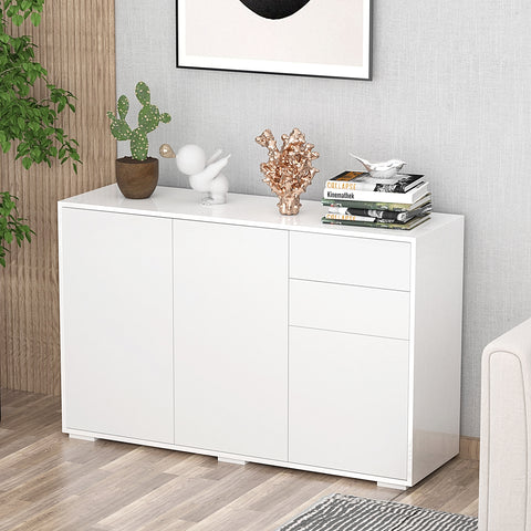 Aparador de Sala de Estar com 3 Portas 2 Gavetas e Prateleira Interior Ajustável Móvel Auxiliar de Armazenamento para Cozinha Dormitório Anti-Rolamento 117x36x74cm Branco