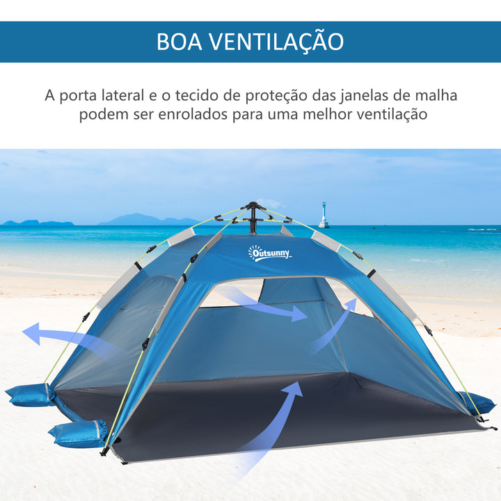 Tenda de Praia Dobrável Tenda de Praia Pop-up para 1-2 Pessoas com 2 Portas 2 Janelas e Bolsa de Transporte para Parque Campismo 220x173x120 cm Azul