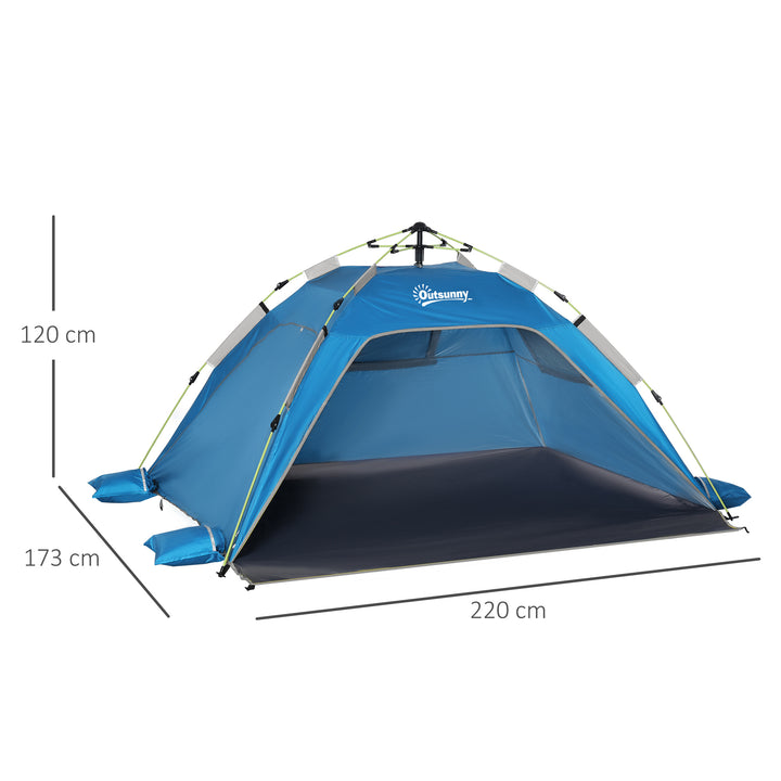 Tenda de Praia Dobrável Tenda de Praia Pop-up para 1-2 Pessoas com 2 Portas 2 Janelas e Bolsa de Transporte para Parque Campismo 220x173x120 cm Azul