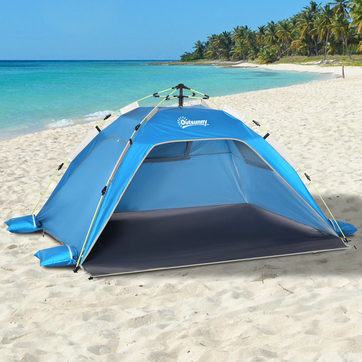 Tenda de Praia Dobrável Tenda de Praia Pop-up para 1-2 Pessoas com 2 Portas 2 Janelas e Bolsa de Transporte para Parque Campismo 220x173x120 cm Azul