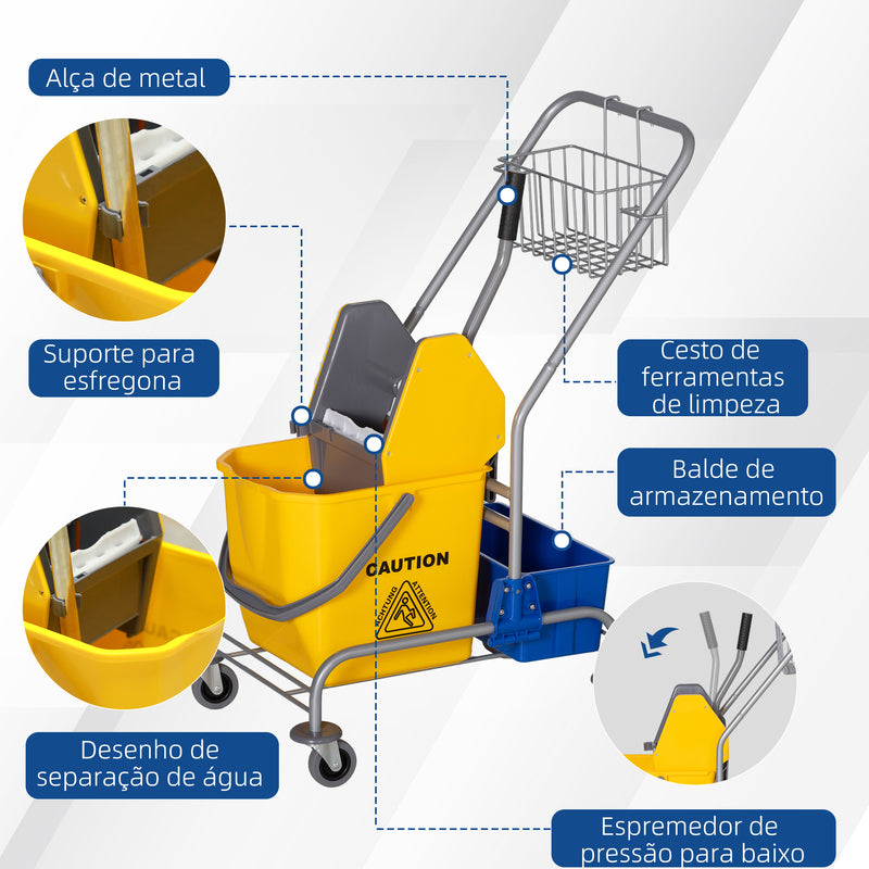 Carro de Limpeza Profissional Balde de Esfregona com Rodas Balde Removível de 25 Litros Espremedor de Pressão Cesto e Cubeta 72x49,5x95 cm Amarelo