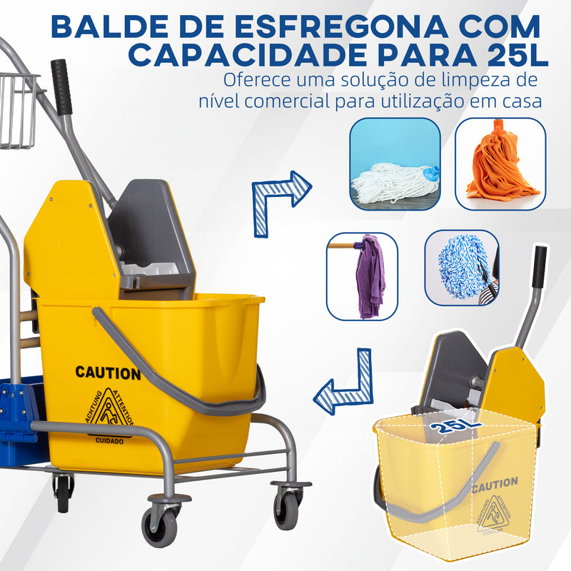 Carro de Limpeza Profissional Balde de Esfregona com Rodas Balde Removível de 25 Litros Espremedor de Pressão Cesto e Cubeta 72x49,5x95 cm Amarelo