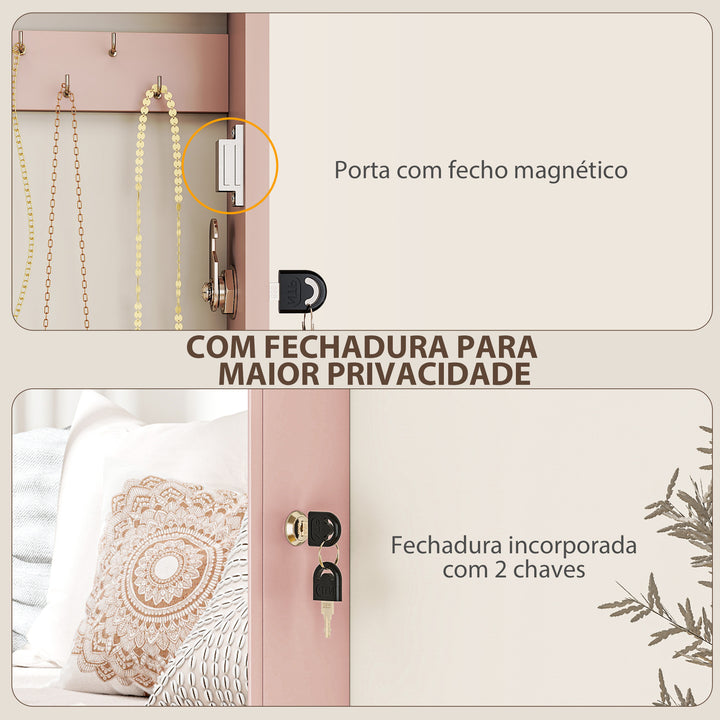 Espelho Joalheiro de Parede Armário para Jóias com Fechadura e Vários Compartimentos para Colares Anéis Pulseiras Montar na Parede ou Porta Rosa e Forro Bege