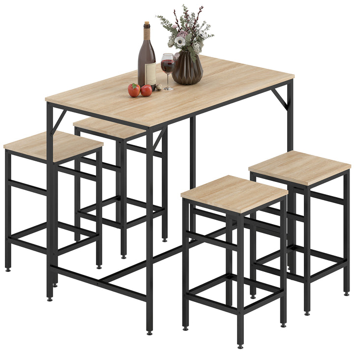 Conjunto de Mesa de Bar com 4 Bancos com Apoio para os Pés Conjunto de Móveis de 5 Peças Mesa de 100x60x88cm e Bancos de 32x32x57cm para Sala de Jantar Cozinha Preto e Carvalho