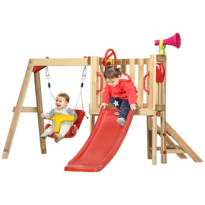 Conjunto de Escorrega e Baloiço para Crianças de 18-48 Meses 4 em 1 Parque Infantil de Madeira com Baloiço Escorrega Volante Buzina para Pátio Relvado 170x200x118 cm Vermelho e Natural