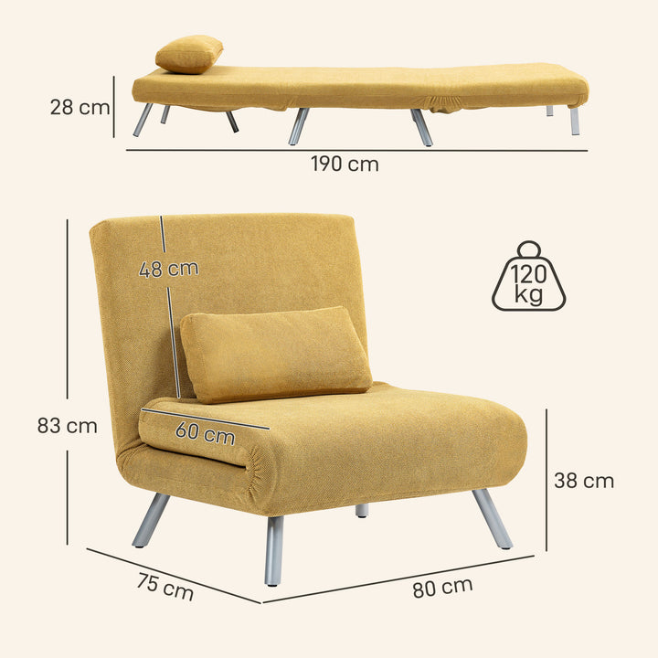 Sofá Cama de 1 Lugar 3 em 1 Sofá Dobrável Estofado em Tecido Amarelo Mesclado com Encosto Ajustável em 5 Níveis e Almofada para Escritório Quarto Sala 80x75x83 cm