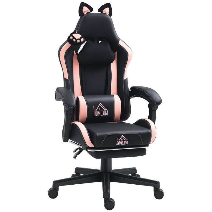 Cadeira Gaming com Orelhas Cadeira Gamer Reclinável com Altura Ajustável Apoio para os Pés Retrátil Suporte Lombar e Apoio para a Cabeça Desmontável Cadeira para Escritório 65x62x116-124 cm Preto