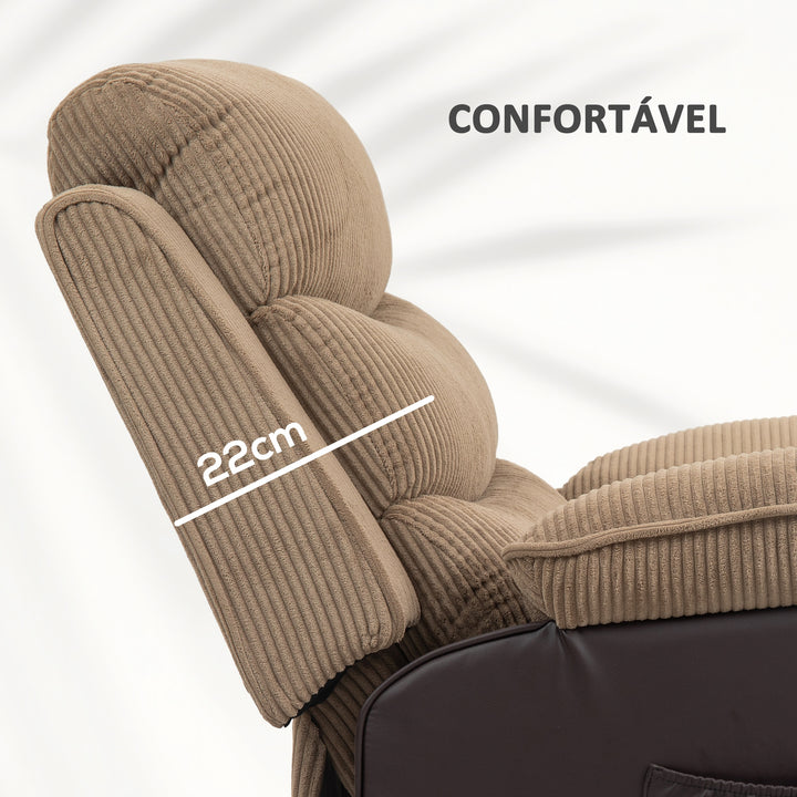 Poltrona Relax Reclinável Elétrica Levanta Pessoas, com Porta USB, Comando, Apoio para os Pés, Estofada em Veludo, Bolsos Laterais, Castanho