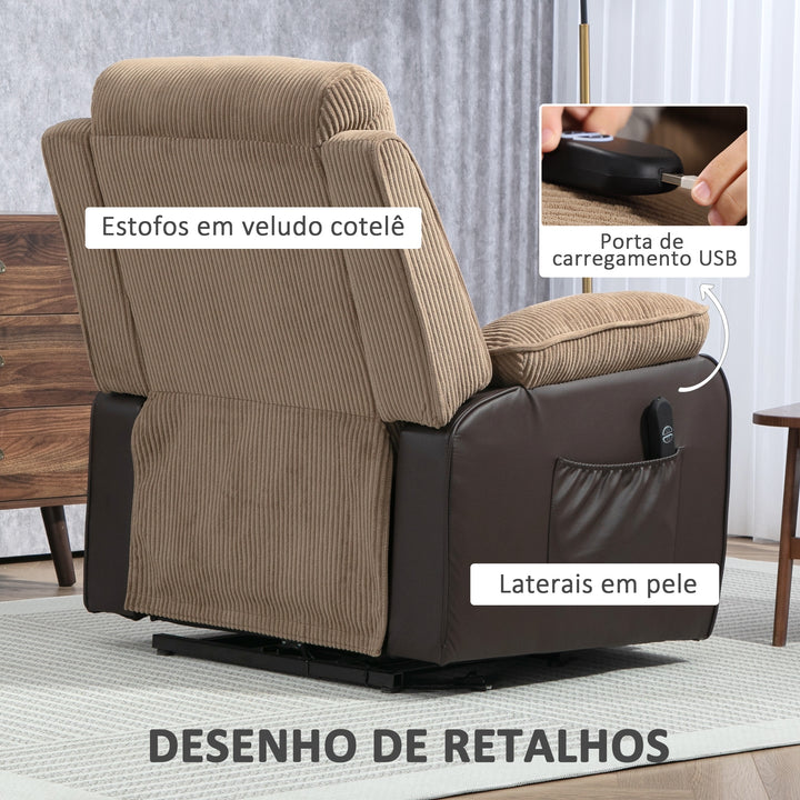 Poltrona Relax Reclinável Elétrica Levanta Pessoas, com Porta USB, Comando, Apoio para os Pés, Estofada em Veludo, Bolsos Laterais, Castanho