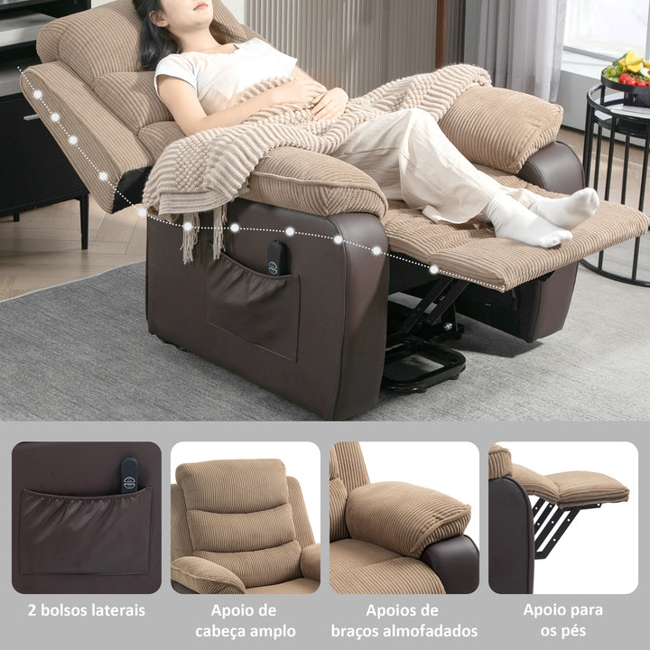 Poltrona Relax Reclinável Elétrica Levanta Pessoas, com Porta USB, Comando, Apoio para os Pés, Estofada em Veludo, Bolsos Laterais, Castanho