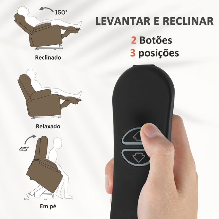 Poltrona Relax Reclinável Elétrica Levanta Pessoas, com Porta USB, Comando, Apoio para os Pés, Estofada em Veludo, Bolsos Laterais, Castanho
