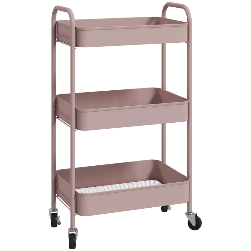 Carrinho Auxiliar de 3 Níveis com Rodas Carrinho de Armazenamento Deslizante com 3 Prateleiras 4 Rodas e 2 Travões para Cozinha Sala 45x30.6x79 cm Rosa