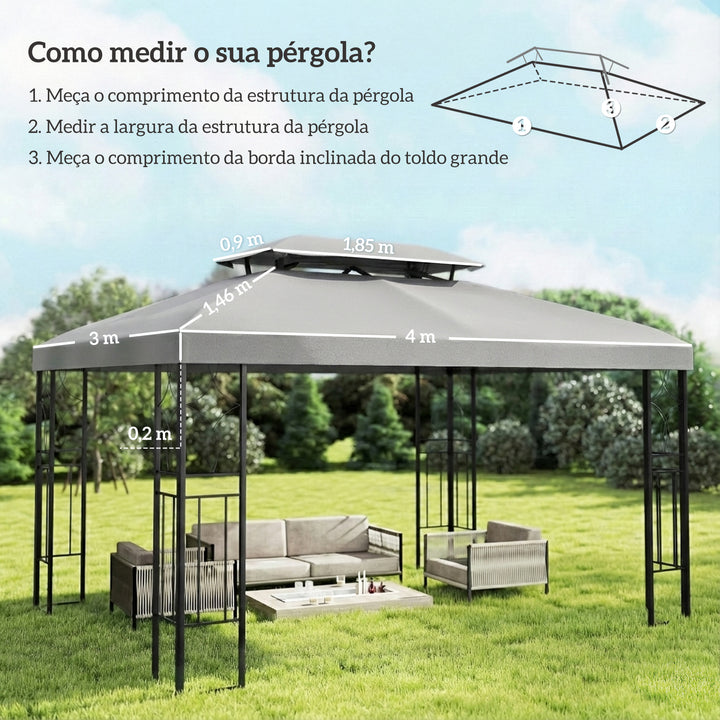 Teto de Substituição para Pérgola, 4x3 m, Cobertura de Substituição com Teto Duplo, 10 Orifícios de Drenagem e Proteção UV, APENAS Toldo de Substituição para Pavilhão, Cinzento Claro