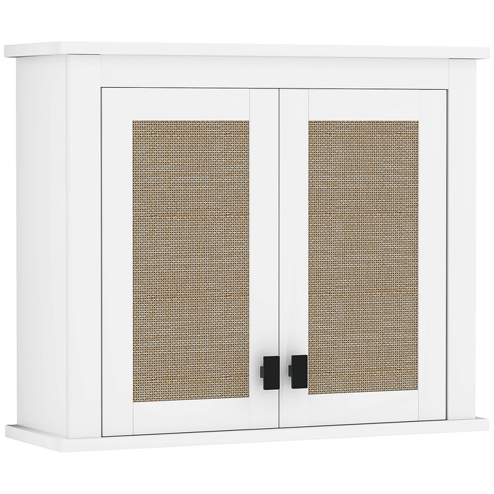 Armário de Parede para Casa de Banho Móvel Casa de Banho Suspenso Armário de Parede para Armazenamento com 2 Portas de Vime PE Prateleira Ajustável 60x19,5x49,4 cm Branco