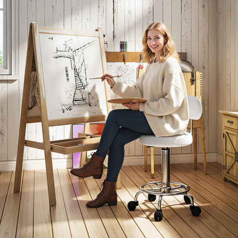 Banco Giratório com Rodas e Encosto Banco de Trabalho com Altura Ajustável 70-86 cm Banco Estofado em Couro Sintético Branco