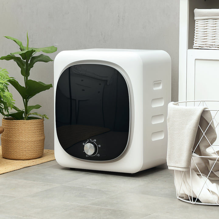 Máquina de Secar por Evacuação 4 kg Máquina de Secar Roupa 800W com Função Anti-Vincos Esterilização 5 Programas Carga Frontal Fácil de Engomar Tambor em Aço Inoxidável 48x40x56 cm Branco