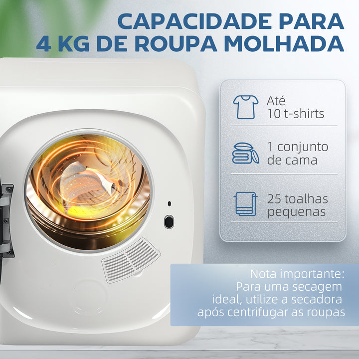 Máquina de Secar por Evacuação 4 kg Máquina de Secar Roupa 800W com Função Anti-Vincos Esterilização 5 Programas Carga Frontal Fácil de Engomar Tambor em Aço Inoxidável 48x40x56 cm Branco