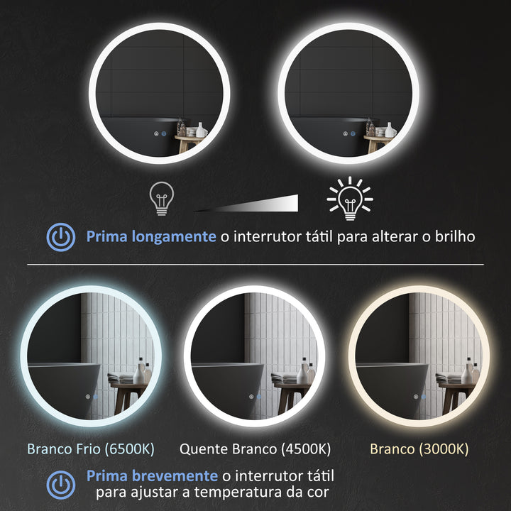 Espelho Casa de Banho Redondo com Luzes LED Ø60 cm Espelho com Iluminação Função Antiembaciamento 3 Luzes Função de Memória e Interruptor Tátil Prata