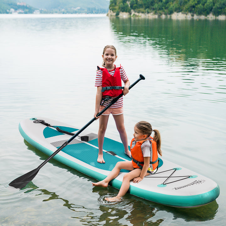 Prancha de Paddle Surf Inflável 320x76x15cm Dobrável com Remo de Alumínio Ajustável Desmontável Bolsa de Transporte e Acessórios Branco e Turquesa