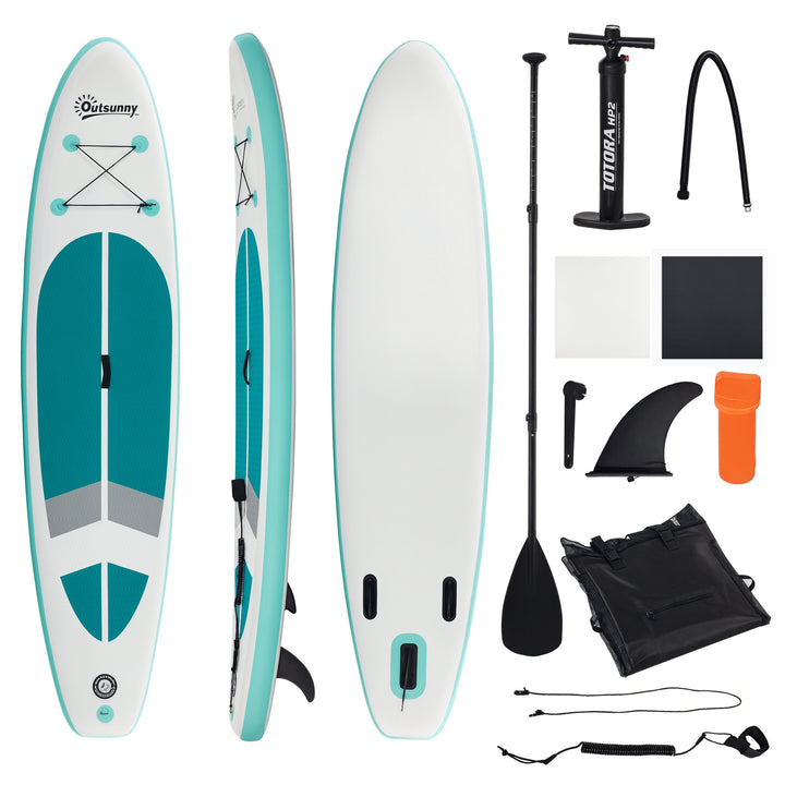 Prancha de Paddle Surf Inflável 320x76x15cm Dobrável com Remo de Alumínio Ajustável Desmontável Bolsa de Transporte e Acessórios Branco e Turquesa