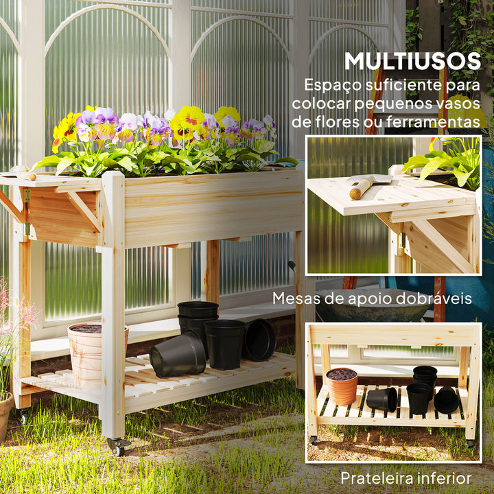 Floreira de Madeira Mesa de Cultivo com Rodas Prateleira e Laterais Dobráveis Floreira Elevada para Cultivo de Flores Vegetais em Jardim Varanda 145x52x86 cm Madeira